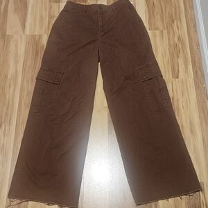 Forever 21 Wide Leg Brown Cargo Jeans Raw Hem Size Medium